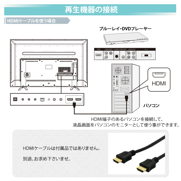 ケーブル、再生機器への接続、説明書、43インチ、4K、テレビ