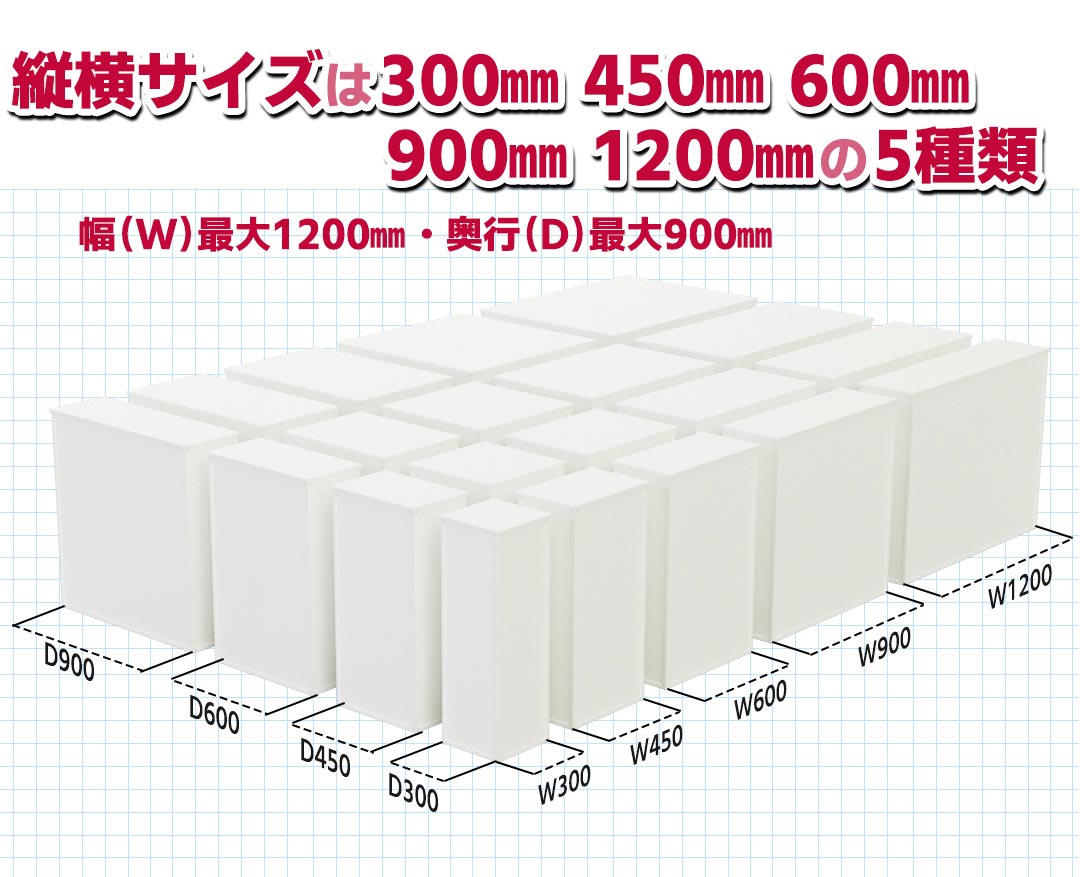 スクエア展示台、5種、サイズ、幅、奥行、高さ